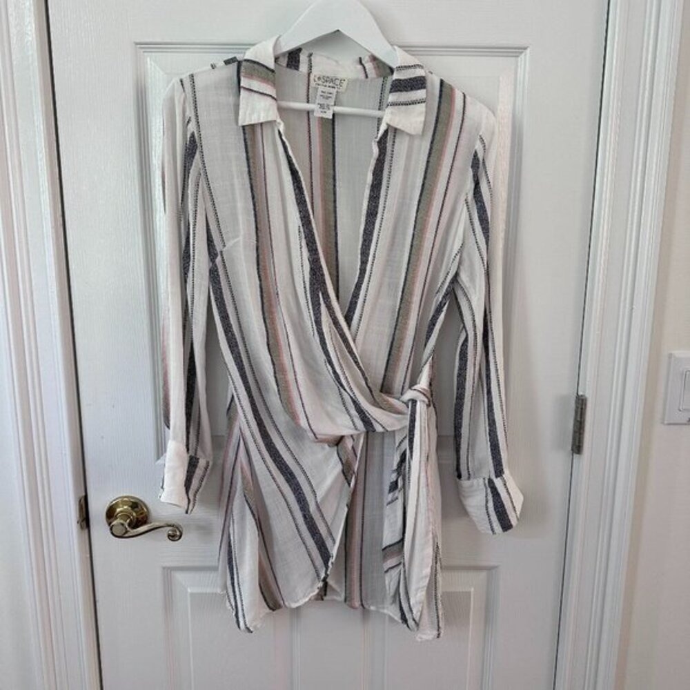 L Space Striped Cover Up Dress M/M White Blue Pink Long Sleeve Beach Resort